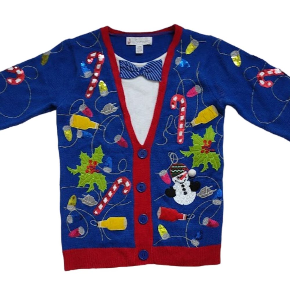 Jolly Sweater Christmas Sweater Faux Cardigan with Bowtie Candy Canes Snowman
